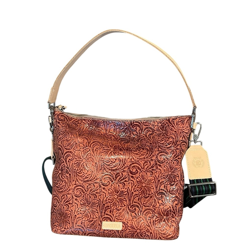 Consuela Brown Tooled Leather Sally Hobo Crossbody with leather & woven straps - Picture 2 of 14